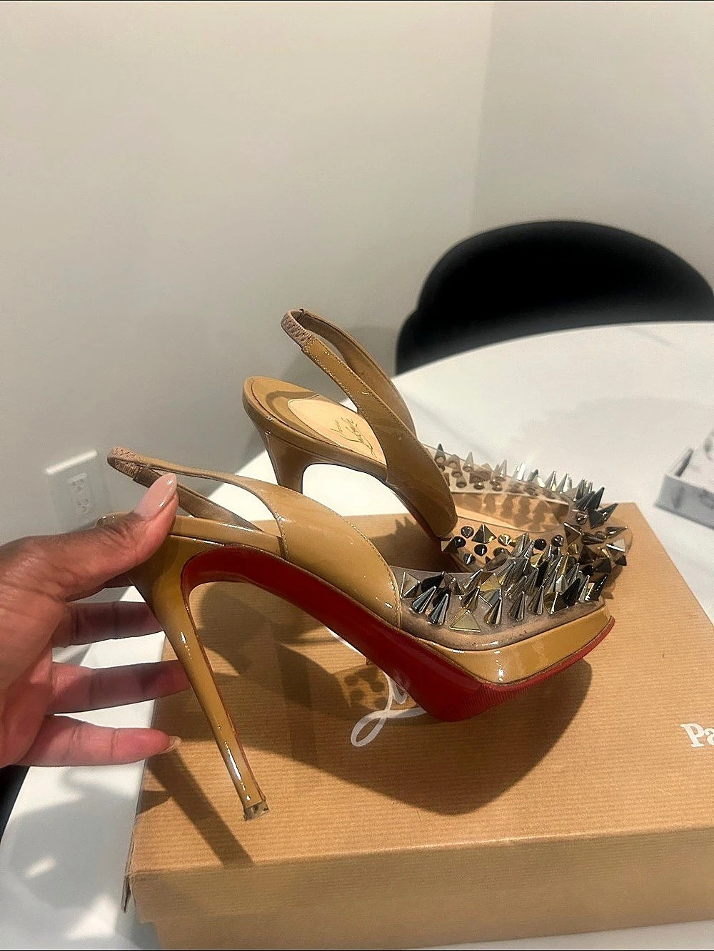 Christian Louboutin Pigalle Follies 120 Spiked Slingback Heels in Gold & Red EU